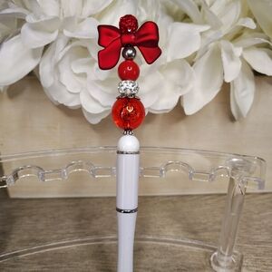 Elegant Red and White Beaded Pen